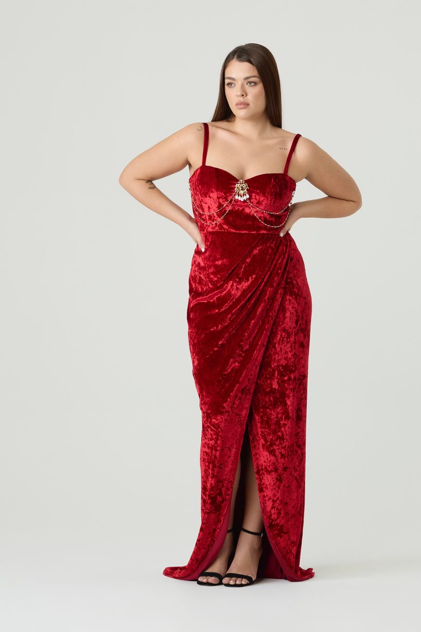 Платье из бархата макси с разрезом, красный