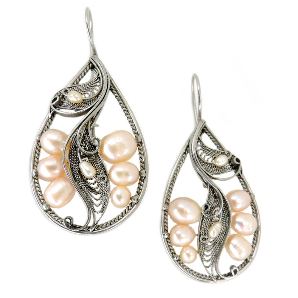 Серьги "Мальва" жемчуг кремовый, скань