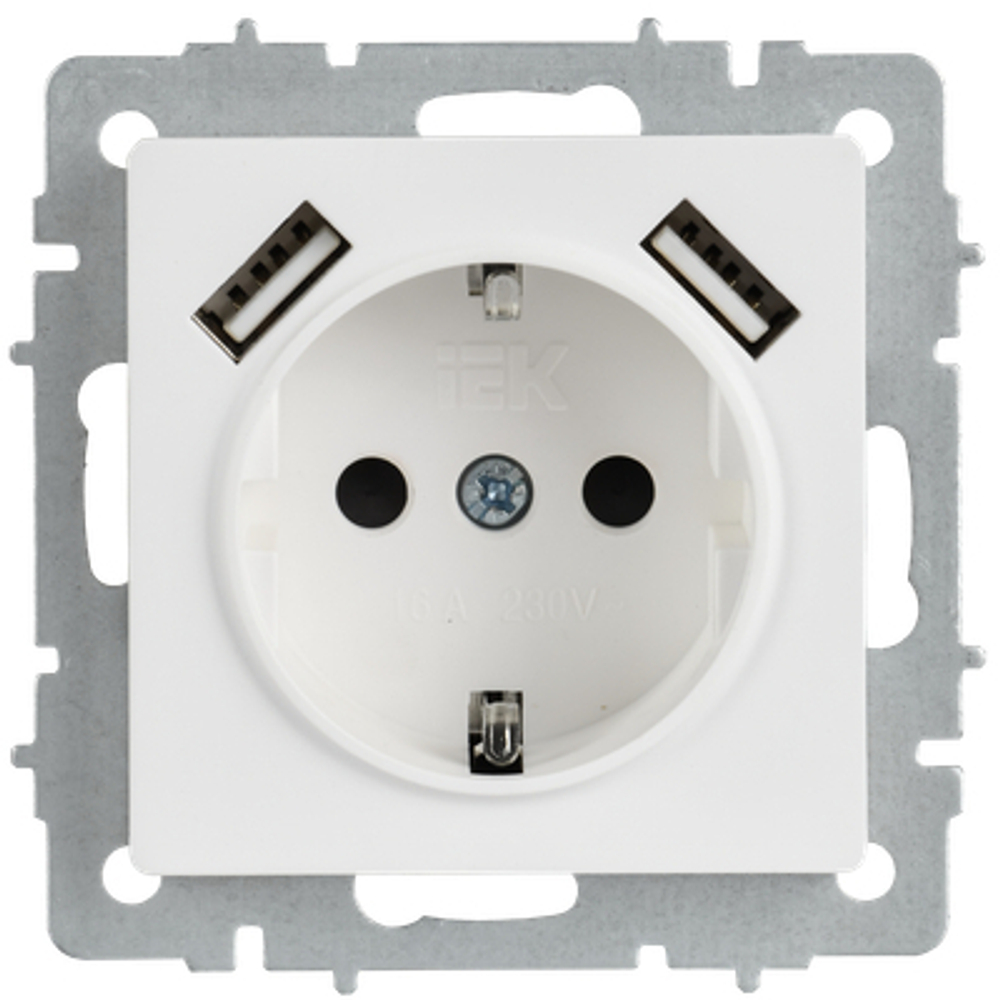 BRITE Розетка 1-местная с заземлением с защитными шторками 16А с USB A+A 5В 2,1А РЮш10-1-БрАБ арктический белый IEK