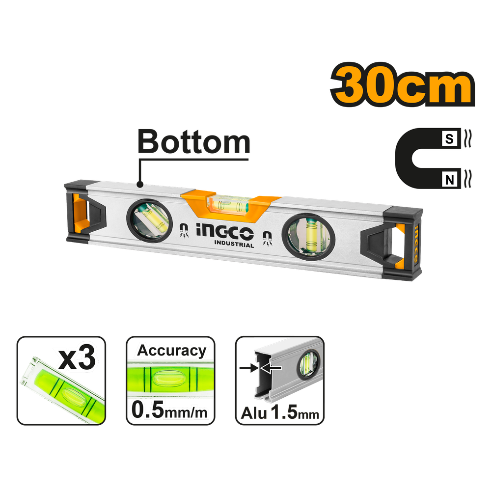 Строительный алюминиевый уровень магнитный INGCO HSL38030M INDUSTRIAL 30 см