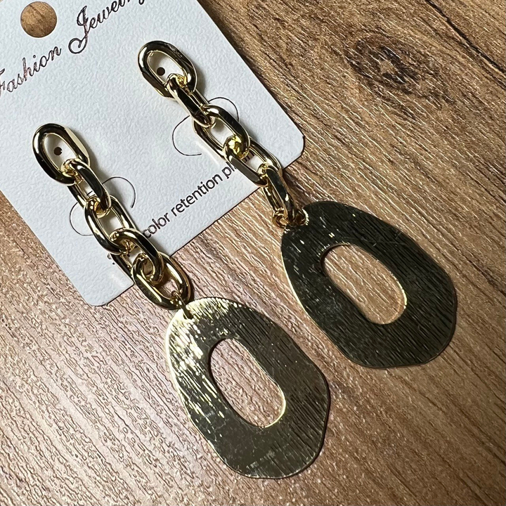 Серьги "Цепи" 5 звеньев подвеска овальная рамка фактурная металл золотистый желтый