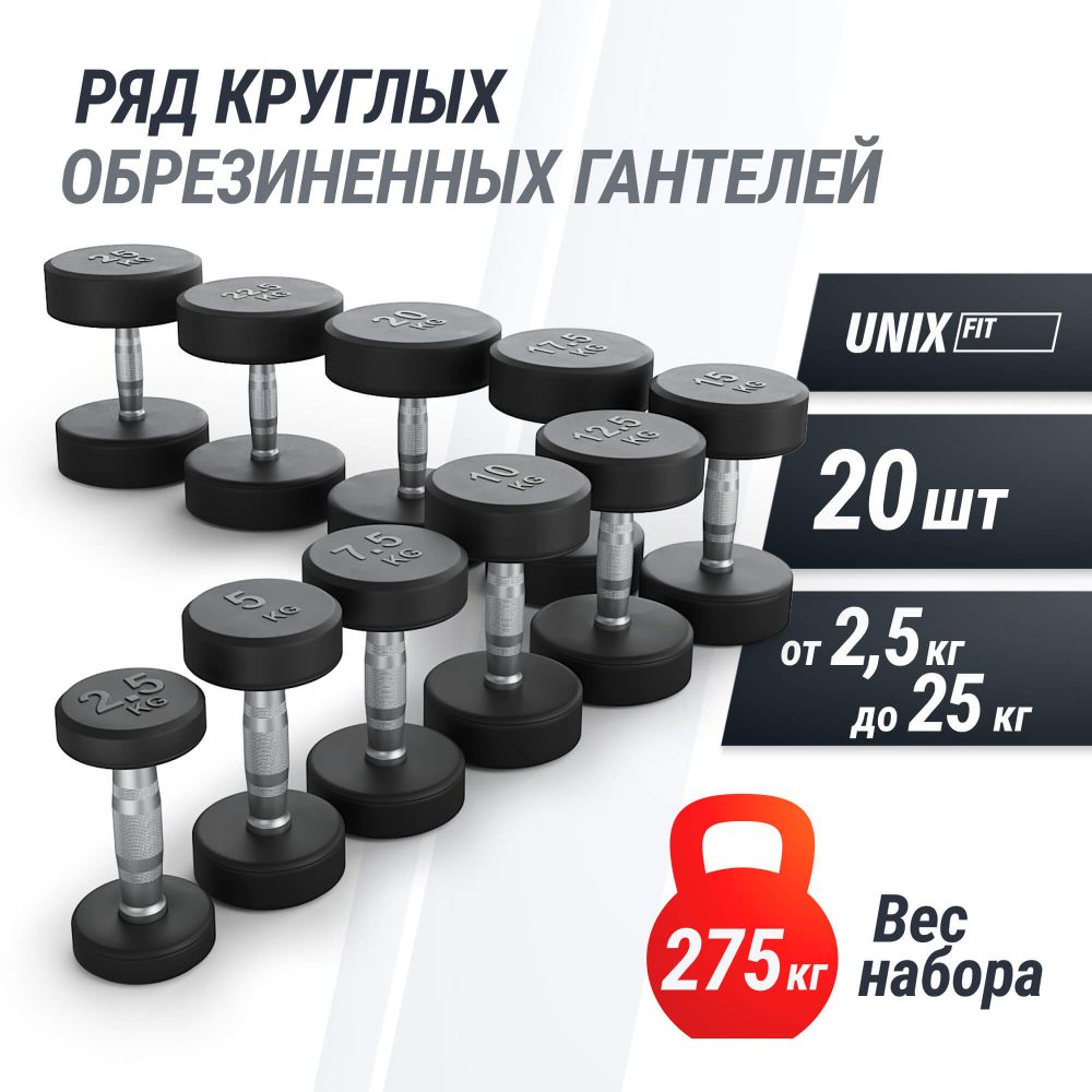 Ряд гантелей круглых UNIX Fit обрезиненные от 2,5 до 25 кг