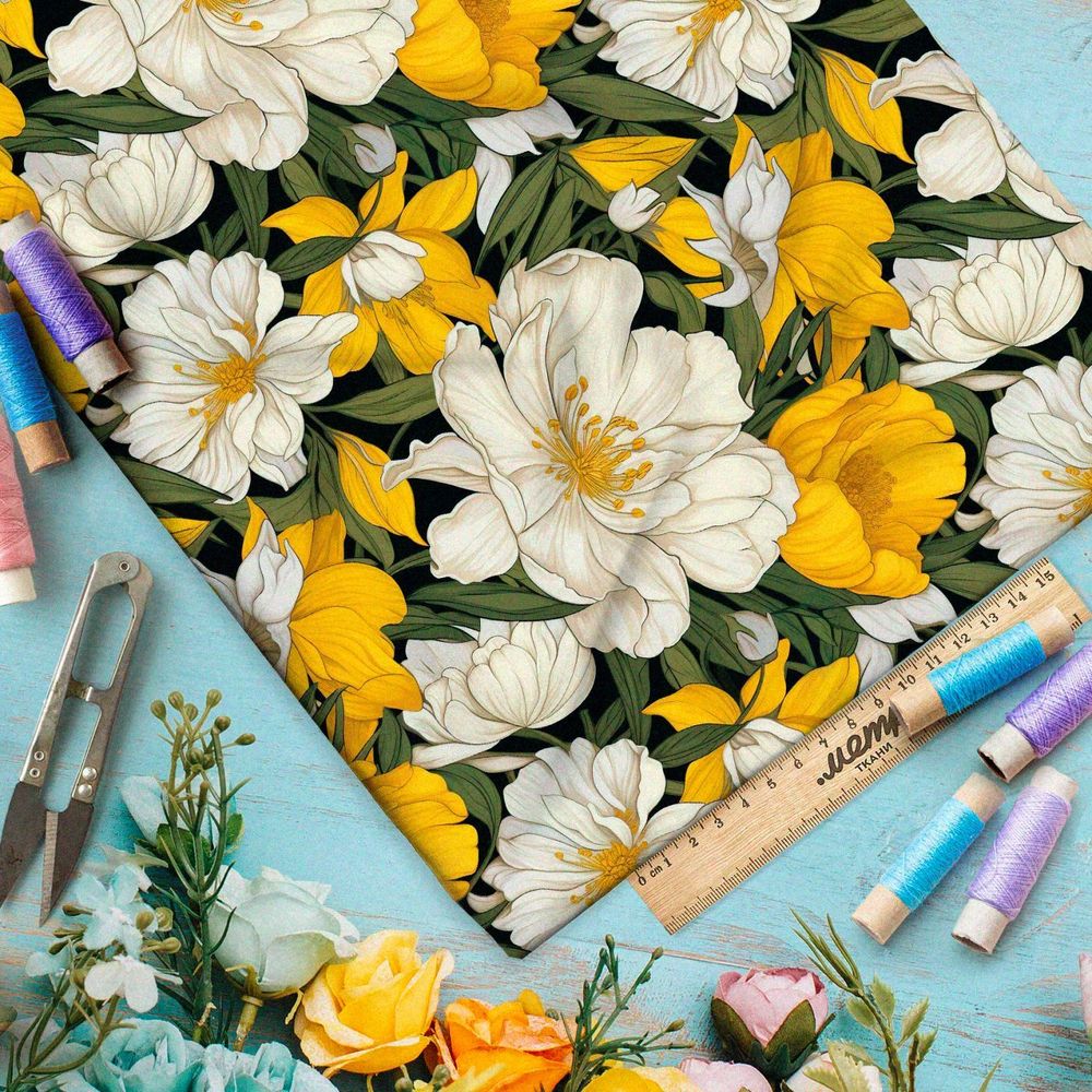 Ткань премиум габардин гипнотический цветник