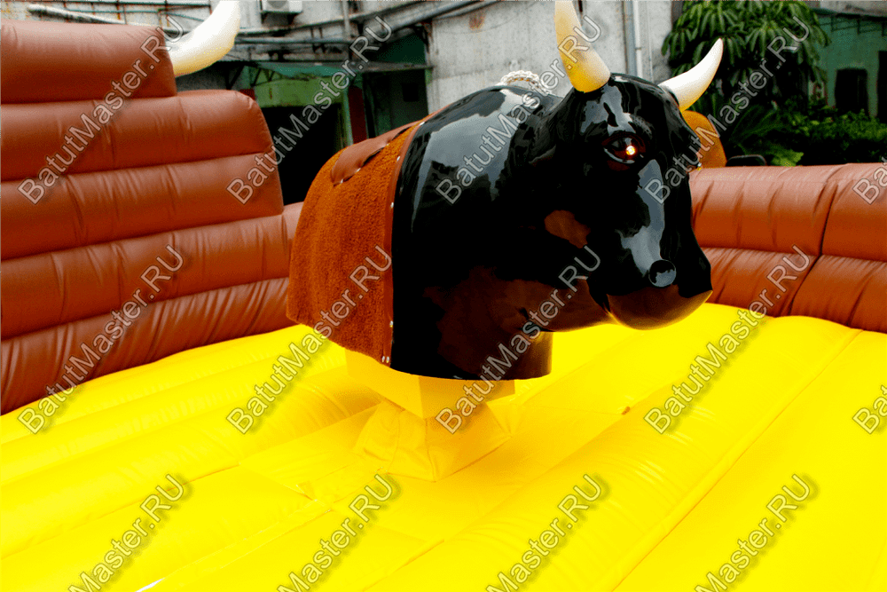 Надувной аттракцион Родео, бык+батут, черный с имитацией под кожу