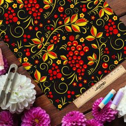 Ткань барби жёлто-красная хохлома с рябиной на чёрном фоне