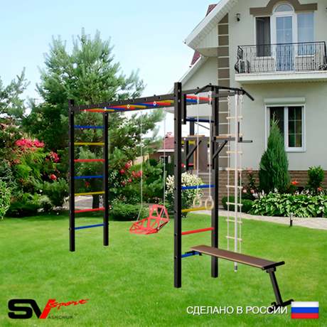 Уличная шведская стенка Sv Sport рукоход У542 (Турник/Брусья/Скамья/Со спинкой/Канат/кольца/лестница)