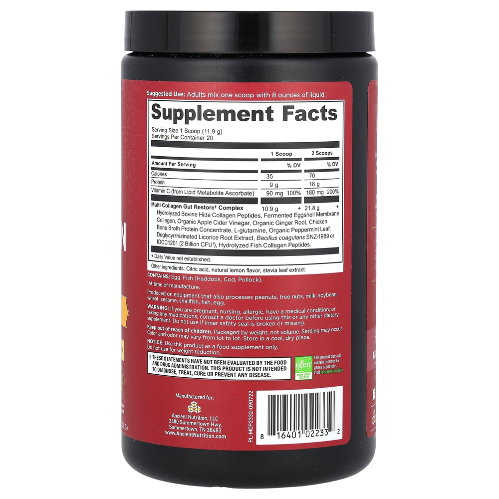 Ancient Nutrition, коллагеновый протеин, для восстановления кишечника, лимон и имбирь, 238 г (8,4 унции)