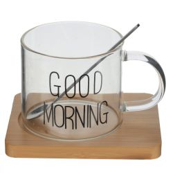 GAEM Кружка с ложкой на деревянной подставке, 300 мл, L12 W9,5 H10 см, 2в.