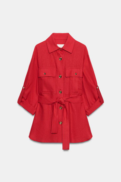 ZARA КУРТКА-САФАРИ ИЗ ЛЬНА С ПОЯСОМ, КРАСНЫЙ