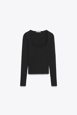 ZARA ФУТБОЛКА В РУБЧИК С КВАДРАТНЫМ ВЫРЕЗОМ, ЧЕРНЫЙ