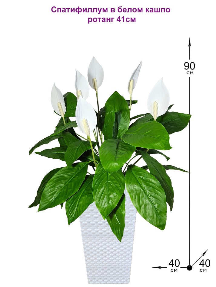 Искусственные цветы Спатифиллум в белом кашпо ротанг 41см