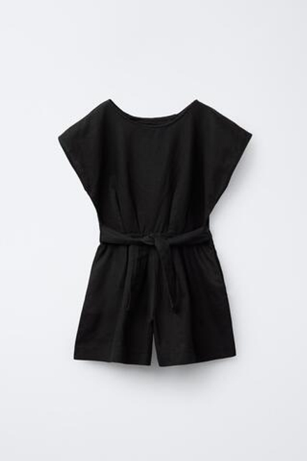 ZARA КОМБИНЕЗОН ИЗ СМЕСОВОГО ЛЬНА С ЗАВЯЗКАМИ, ЧЕРНЫЙ