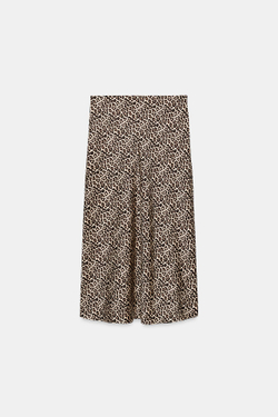ZARA АТЛАСНАЯ ЮБКА МИДИ С АНИМАЛИСТИЧЕСКИМ ПРИНТОМ, ЛЕОПАРДОВЫЙ/НЕЖНО-КОРИЧНЕВЫЙ
