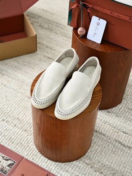 Светло-бежевые лоферы Loro Piana Summer Walk с плетением по периметру