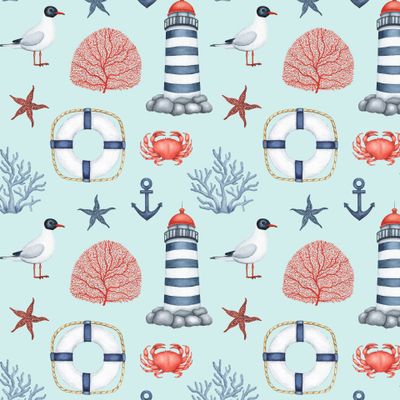 Морской акварельный с маяками на бирюзовом