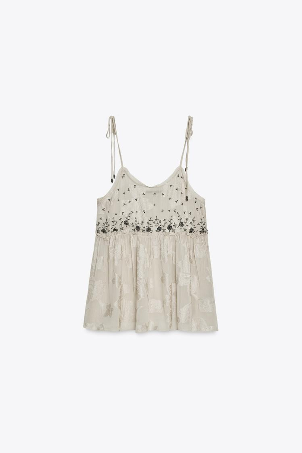 ZARA ЖАККАРДОВЫЙ ТОП НА БРЕТЕЛЯХ — ZW COLLECTION, ЖЕМЧУЖНО-СЕРЫЙ