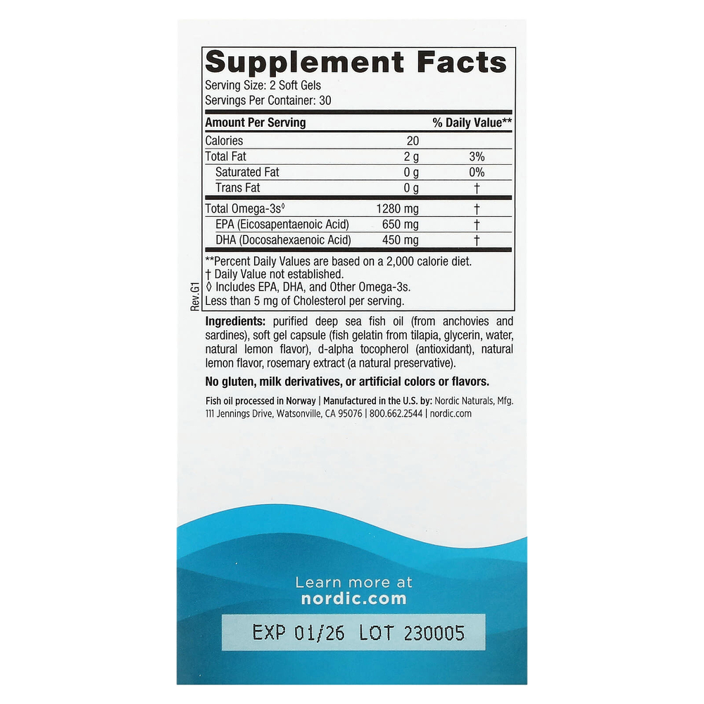 Nordic Naturals, Ultimate Omega, высокоэффективные омега-3 кислоты, со вкусом лимона, 60 капсул из рыбьего желатина (640 мг в 1 капсуле)
