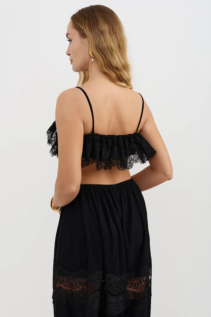 Топ из жатого хлопка черного цвета с кружевом