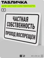 Табличка для частной территории "Частная собственность, проход воспрещен", на дом, для участка, организаций, предупреждающая, 40х30 см, Silver Plane x Айдентика Технолоджи