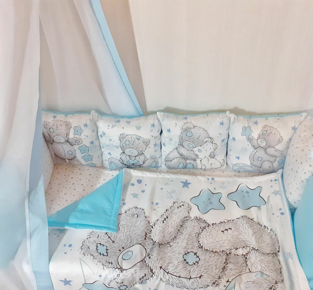 Комплект в кроватку 18 предметов "Мишка с собакой голубой", сатин