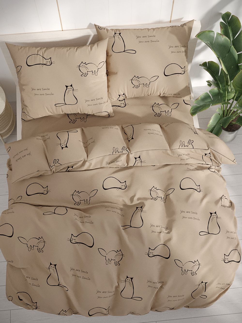 Простынь на резинке перкаль Сказка "Котики (беж)" 90x200 см