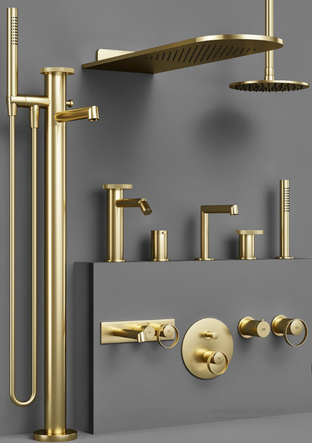 Cмеситель для ванны Gessi Anello, напольный, с душевой лейкой, встраиваемый, цвет Brass Brushed PVD