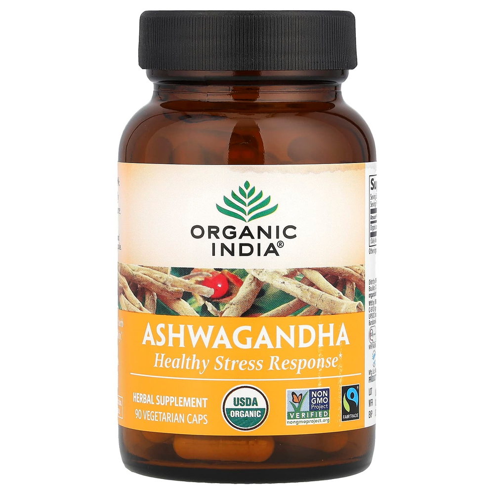 Organic India, ашваганда, 90 вегетарианских капсул (400 мг в 1 капсуле)