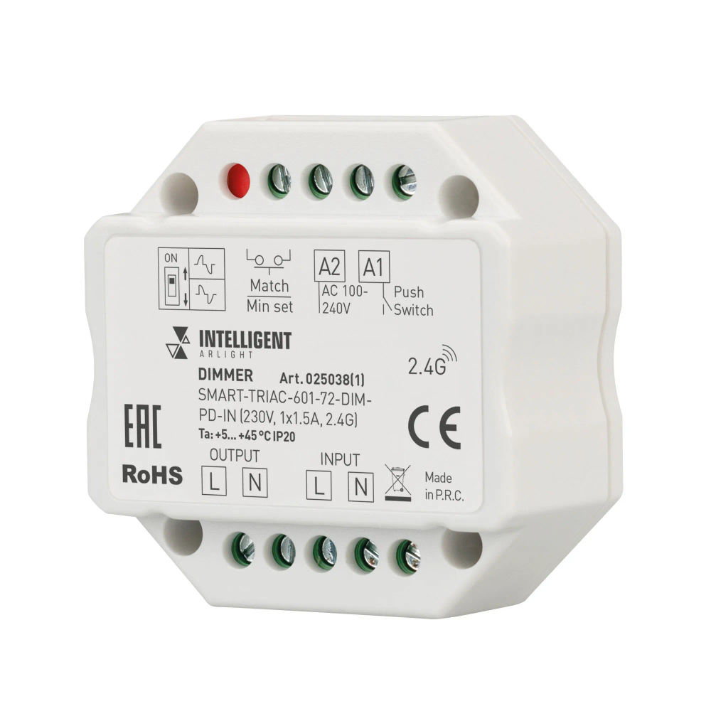 INTELLIGENT ARLIGHT Диммер SMART-TRIAC-601-72-DIM-PD-IN (230V, 1x1.5A, 2.4G) (IARL, IP20 Пластик, 5 лет) 025038(1)