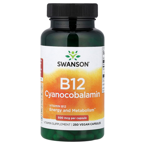 Swanson Vitamins, витамин B12, 500 мкг, 250 веганских капсул