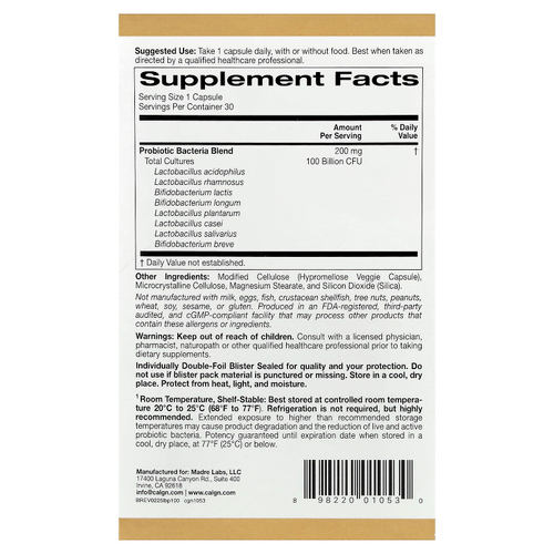 California Gold Nutrition, LactoBif® 100, пробиотики, 100 млрд КОЕ, 30 растительных капсул