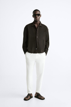 ZARA БРЮКИ EASY CARE С ПОЯСОМ НА ШНУРКЕ, БЕЛЫЙ