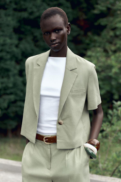 ZARA БЛЕЙЗЕР ИЗ ЛЬНА С КОРОТКИМИ РУКАВАМИ, СВЕТЛЫЙ ХАКИ