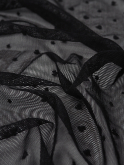 Сетка эластичная с вышивкой в горошек, сердечки и мушка черная отрезом 55х50 см