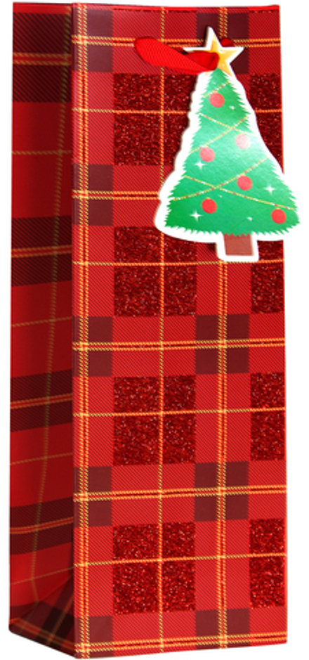 Пакет подарочный для вина, Новогодний в клетку, Дизайн №4, Красный, с блестками, 34,5*12,5*10 см, 1