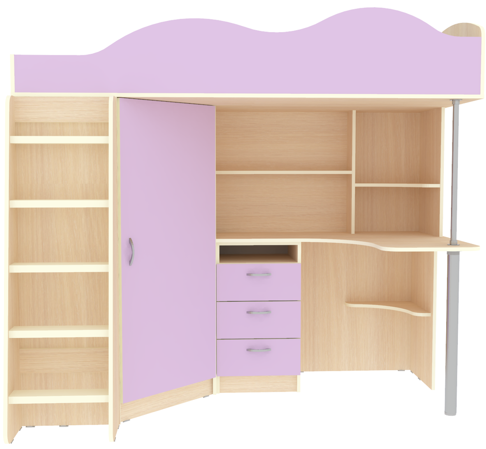 Кровать-чердак КарИВи Пионер с деревянной лестницей  Дуб Молочный Ирис