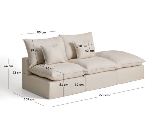Модульный диван Anarela из бежевого льна и вискозы с торцевым модулем и съемным чехлом, 270 см