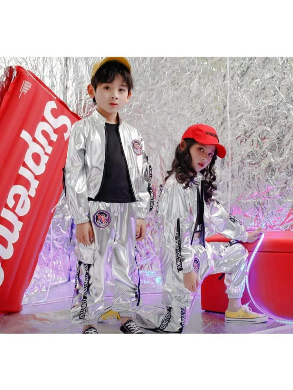 Костюм Хип хоп серебристый блестящий y2k металлик