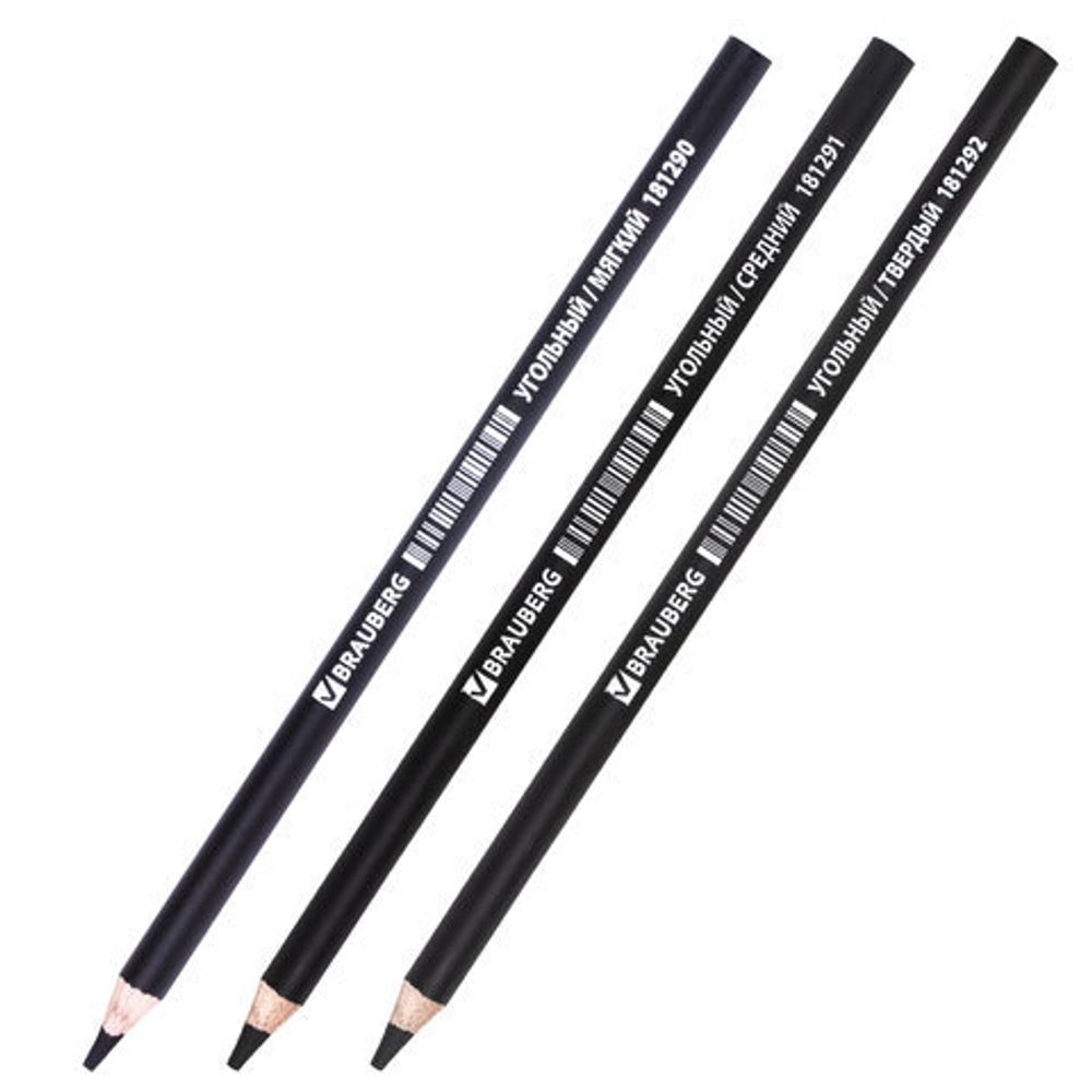 Карандаши угольные BRAUBERG ART CLASSIC, НАБОР 12 шт, заточенные, (МЯГКИЙ, СРЕДНИЙ, ТВЕРДЫЙ), 181293