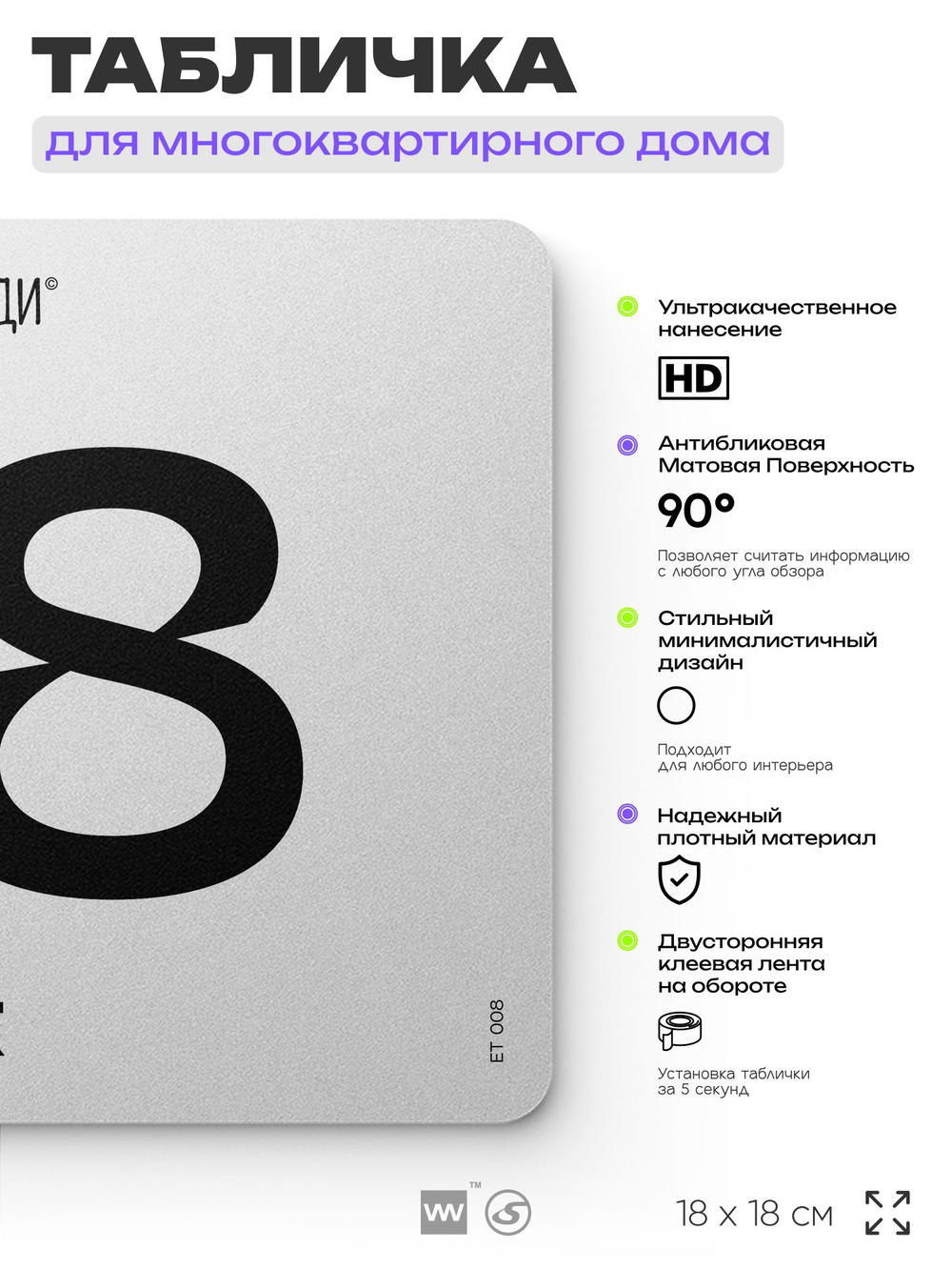 Табличка с номером этажа 8, для многоквартирного жилого дома, серия СОСЕДИ, 18х18 см, пластиковая, Айдентика Технолоджи