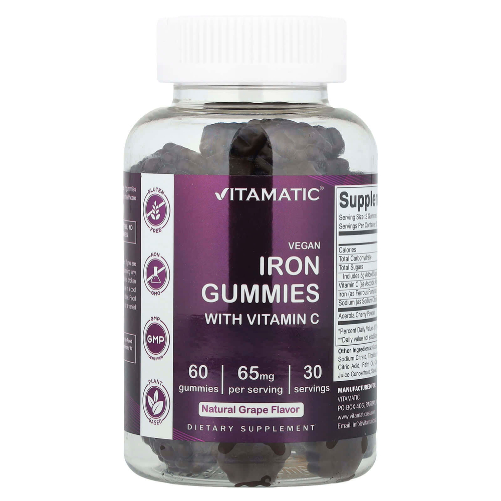 Vitamatic, веганские жевательные таблетки с железом с витамином C, со вкусом натурального винограда, 60 жевательных таблеток