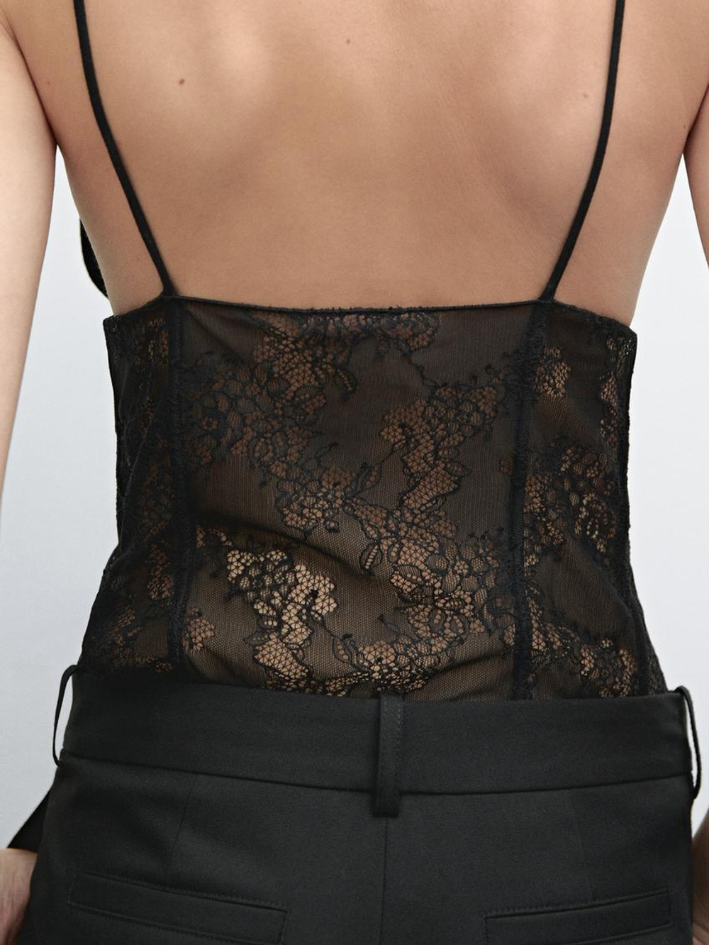 Massimo Dutti Топ в бельевом стиле с бретелями и кружевом, черный