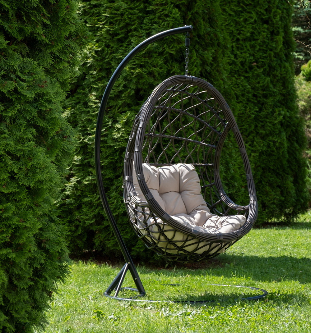 "Венеция" подвесное кресло-кокон из искусственного ротанга, цвет соломенный с бежевой подушкой