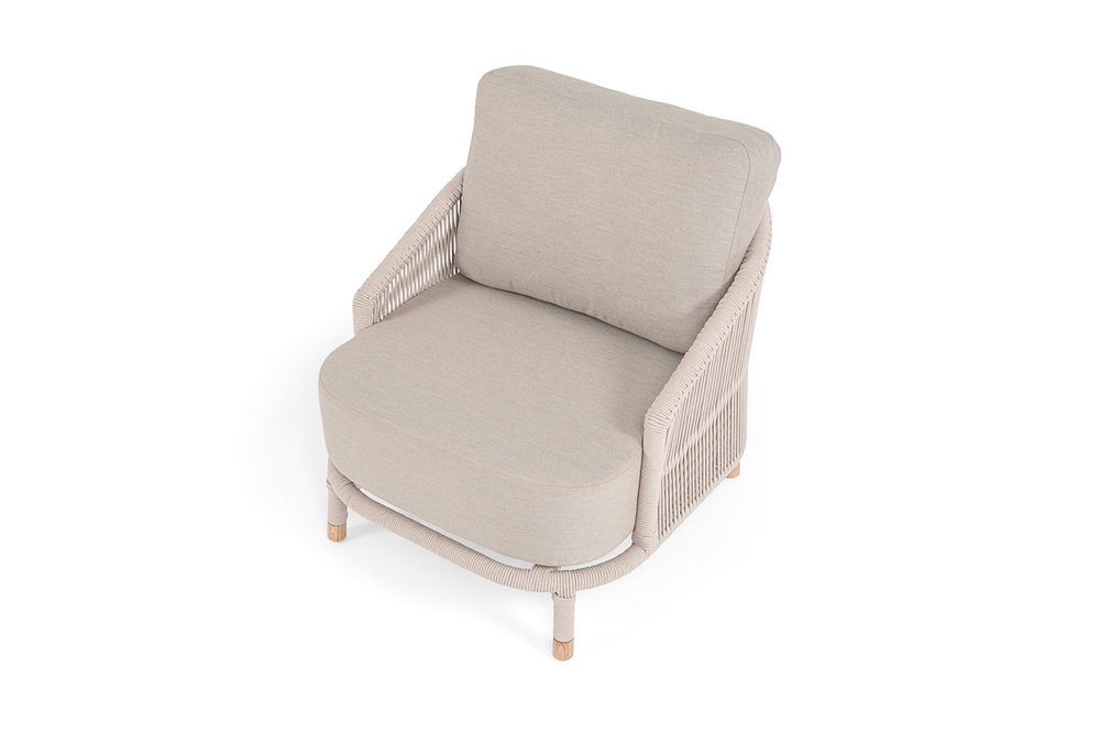 "Верона" кресло плетеное из роупа, каркас алюминий белый муар, роуп бежевый круглый, ткань бежевая 15052