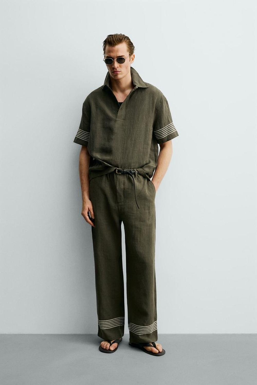 ZARA ПОЛО ИЗ 100% ЛЬНА, ТЕМНЫЙ ХАКИ