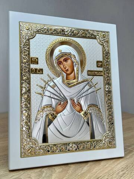 Семистрельная БМ, икона прямоугольная с рамкой, белое дерево 210х260