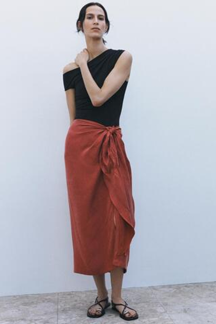 ZARA ЮБКА МИДИ С УЗЛОМ — ZW COLLECTION, ТЕРРАКОТОВЫЙ