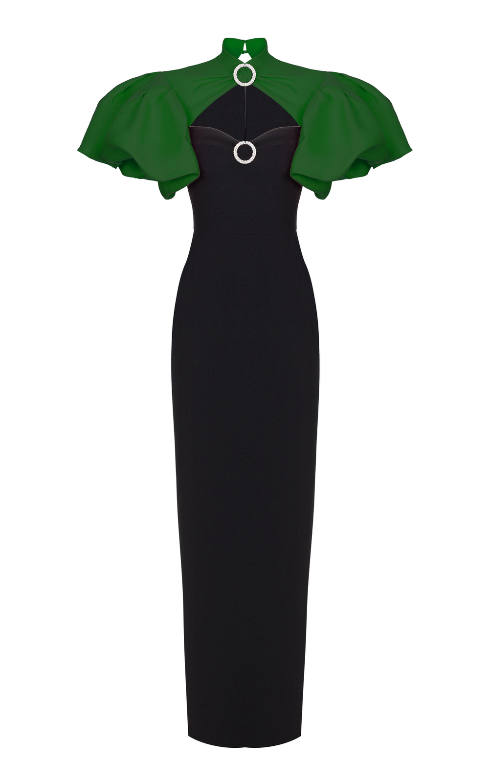 Платье макси из крепа и тафты с пряжками и с объемными рукавами Черный/Зеленый