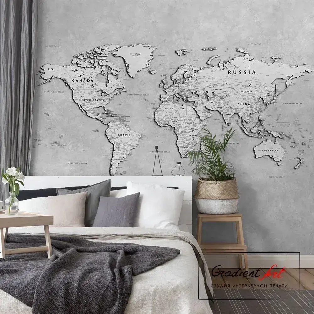 Фотообои карта мира бетон лофт "Карта мира" 315см x 270см флизелин премиум моющиеся GradientArt WM2W315270LG