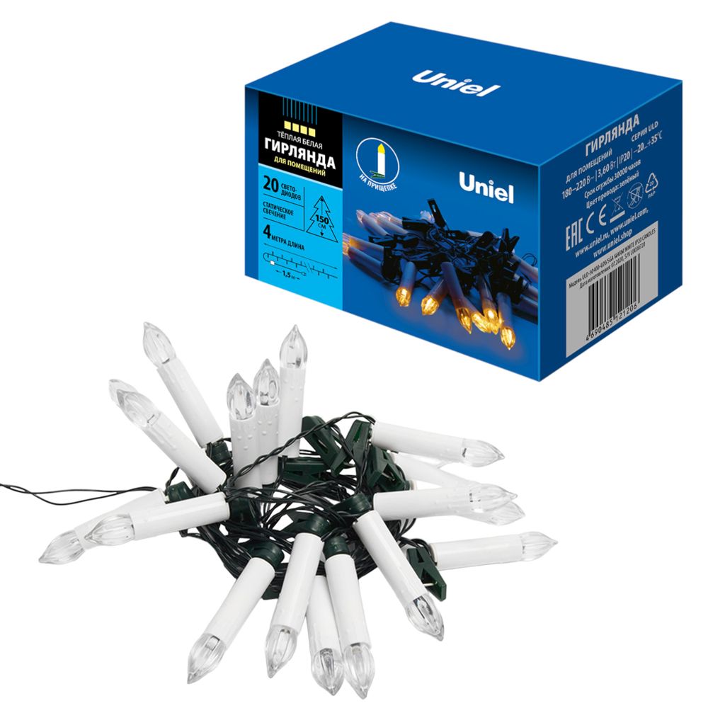 ULD-S0400-020/SGA WARM WHITE IP20 CANDLES Гирлянда светодиодная «Свечки», 4м. 20 светодиодов. Теплый белый свет. Постоянное свечение. Провод зеленый.