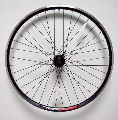 Колесо заднее 28-29" TRIX, профиль алюминиевый, двойной, 36H, пистонированный, фрезерованный, 622х19,4/25х21,4мм, A/V, анодированный, черный, втулка алюминиевая, под ДИСК, под кассету 8-10 скоростей, эксцентрик, черная, спица черная